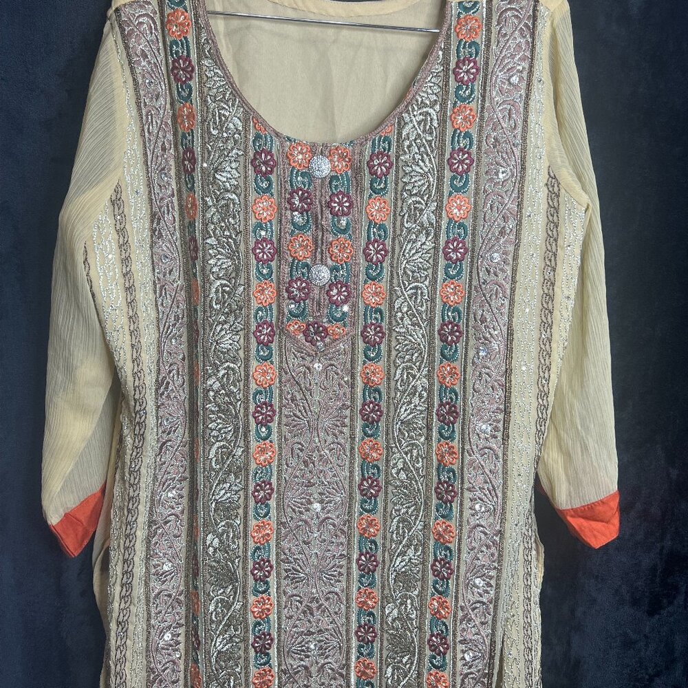 Handmade Beige Long Kaftan Dress Embroidered Sequins Floral Boho Ethnic Wear